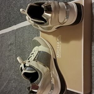 Michael Kors Metallic Silver and Cream Wedge Sneakers